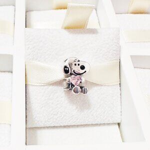 925 Sterling Silver Snoopy With Pink Heart Charm Fits Pandora Bracelets